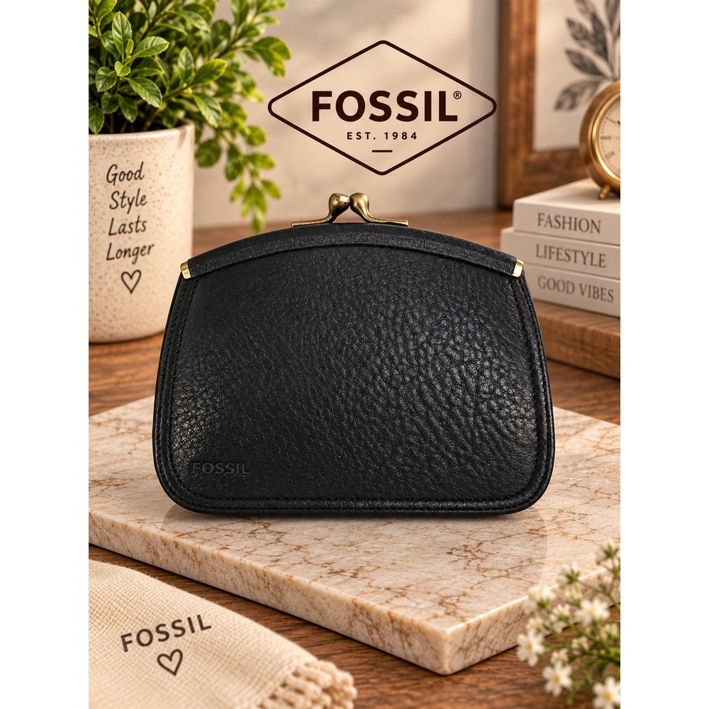 Fossil Black Pebbled Leather Kiss Lock Coin Purse Card Holder Wallet
